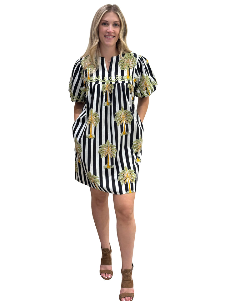 The Poppy Striped Palm Print Dress in Black and White — view 2