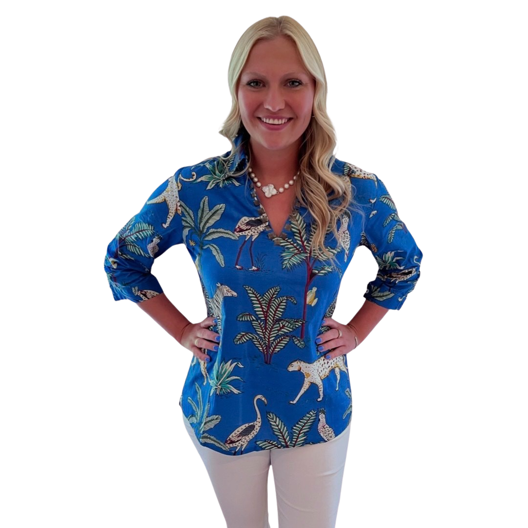 The Carly Cotton Animal Print Top in Maritime Blue — view 3