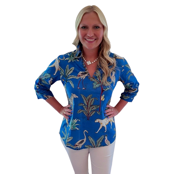 The Carly Cotton Animal Print Top in Maritime Blue — view 3