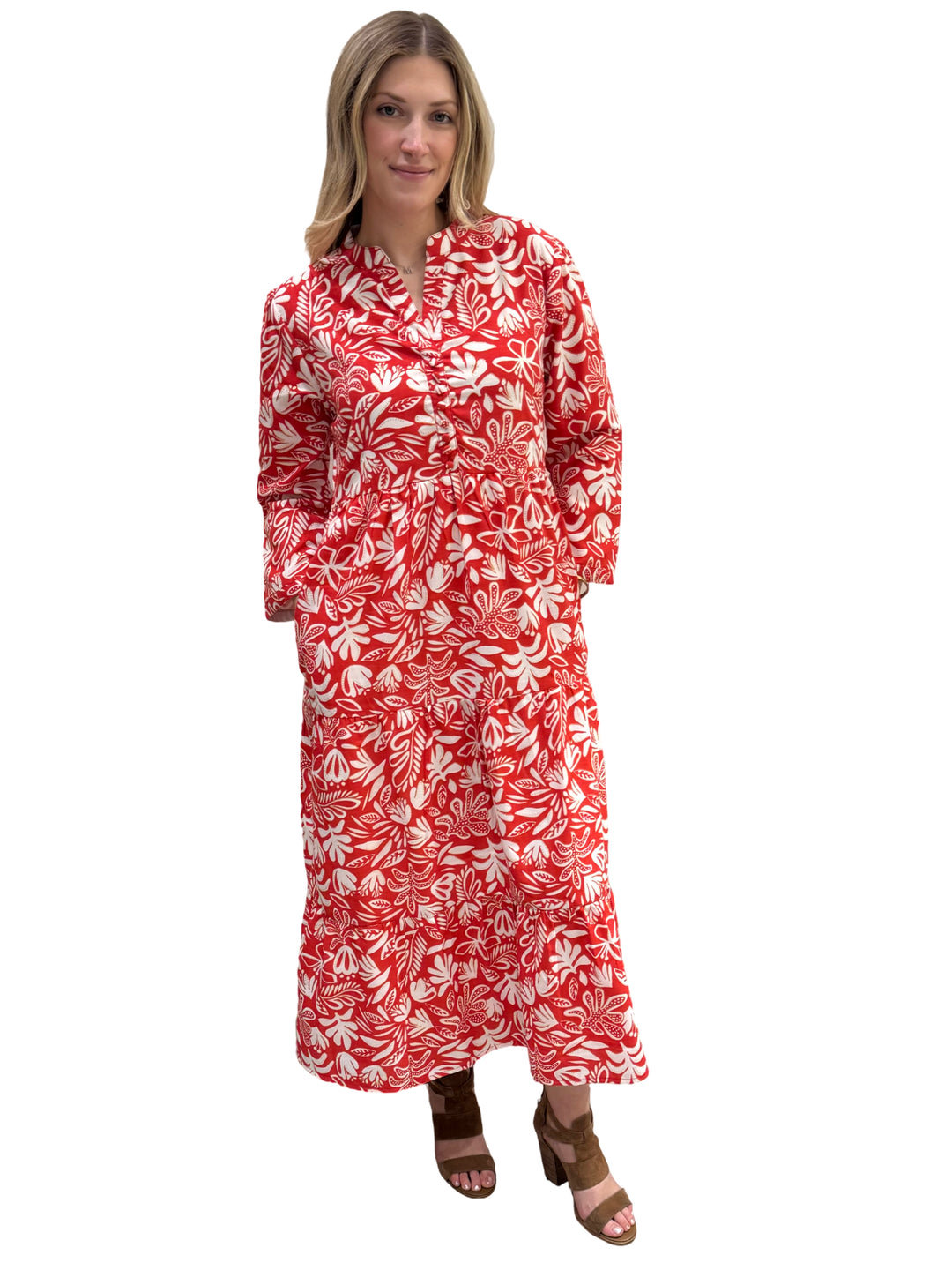 The Addison Button Trimmed Dress in Deep Coral — view 4