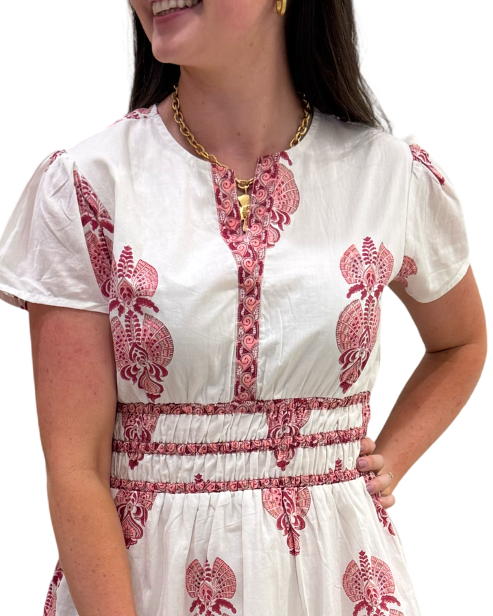 The Sydney Short Sleeve Hand Block Printed Dress in White Peach Pink Print — view 6