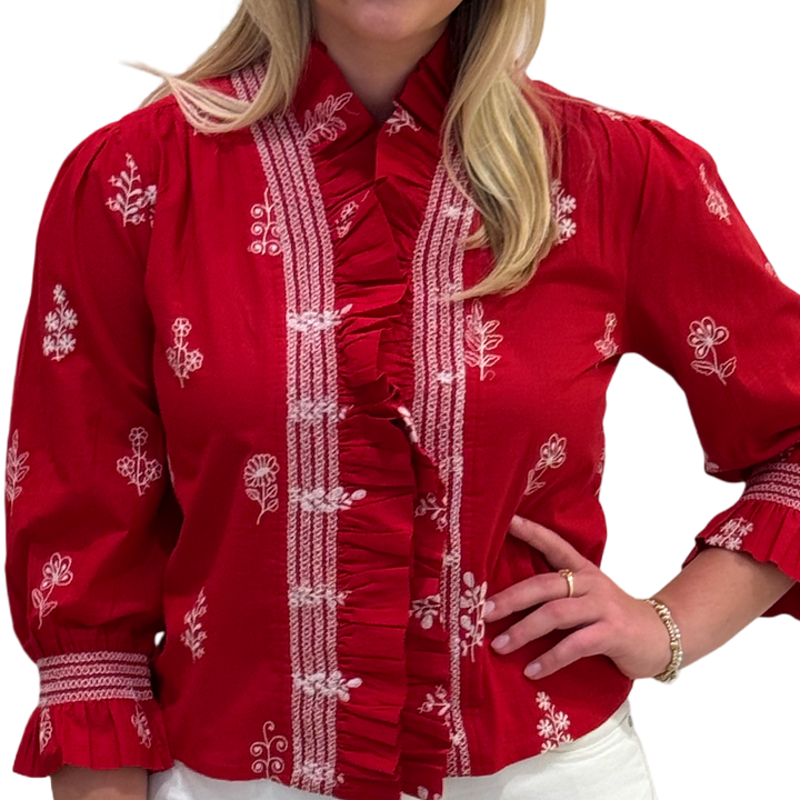 The Amelia Ruffle Front Top in Red and White Embroidered cotton — view 4