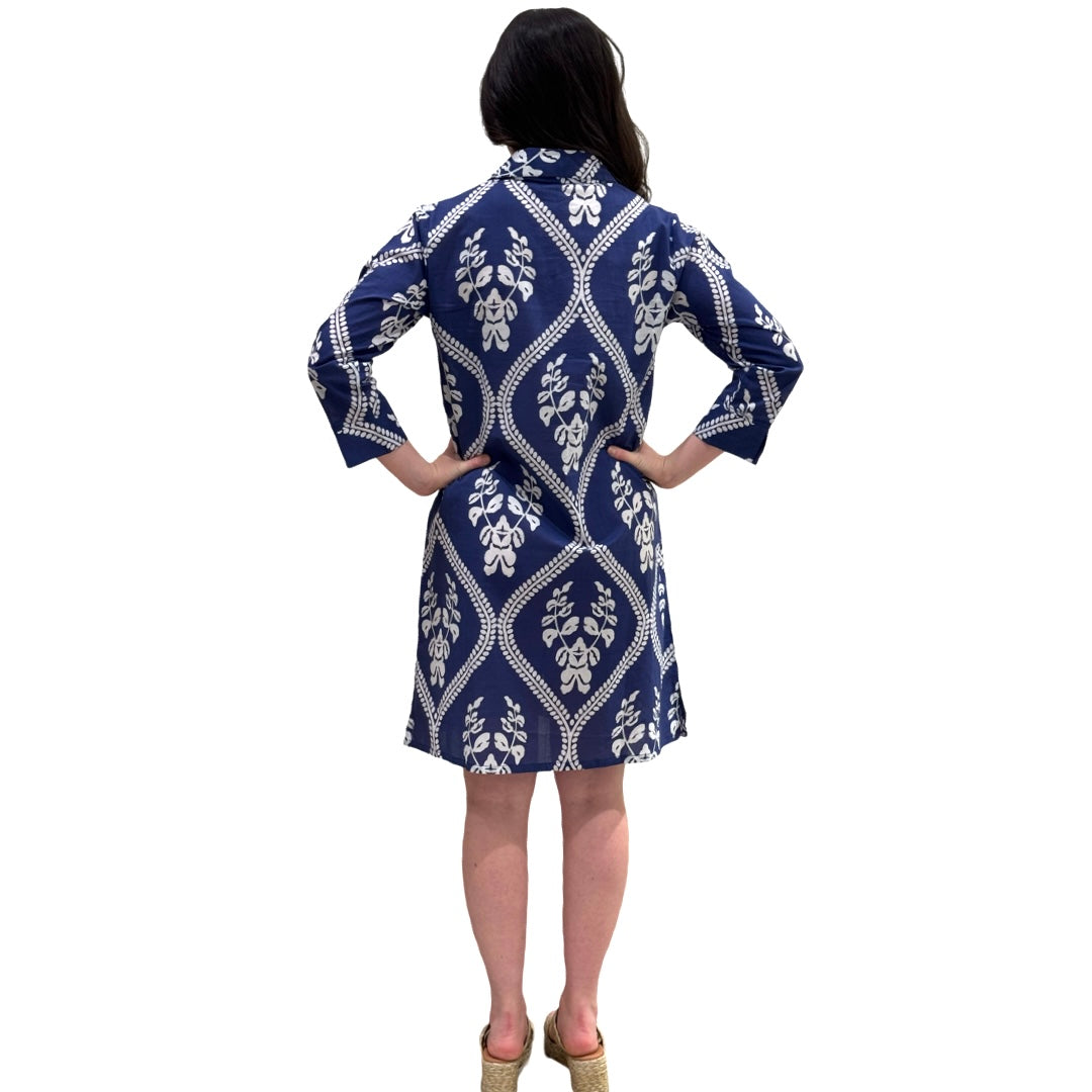 The Lisette Cotton Easy Fit Dress in Violet Blue and White — view 7