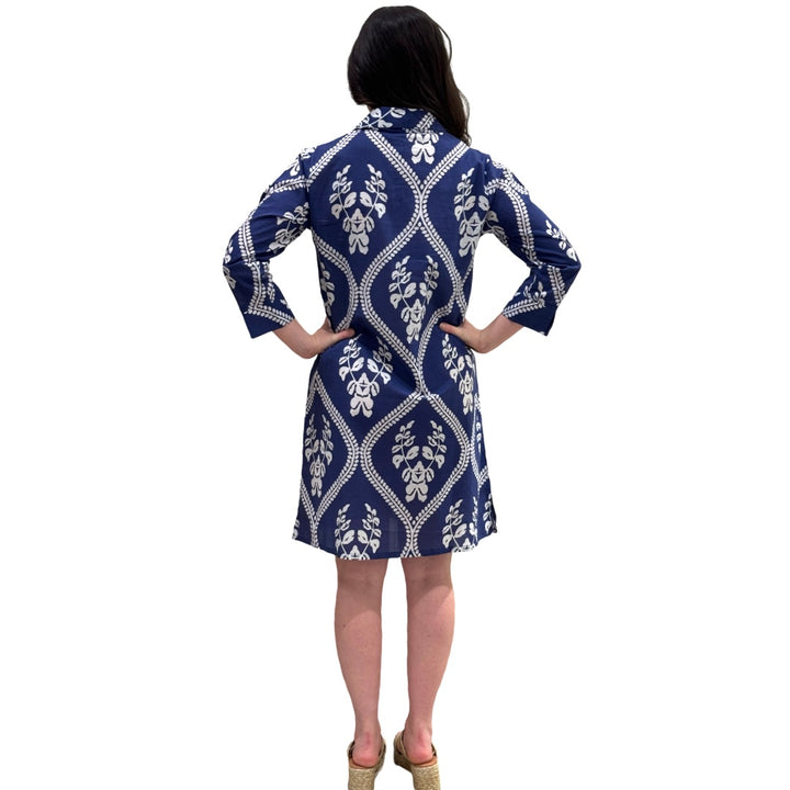 The Lisette Cotton Easy Fit Dress in Violet Blue and White — view 7