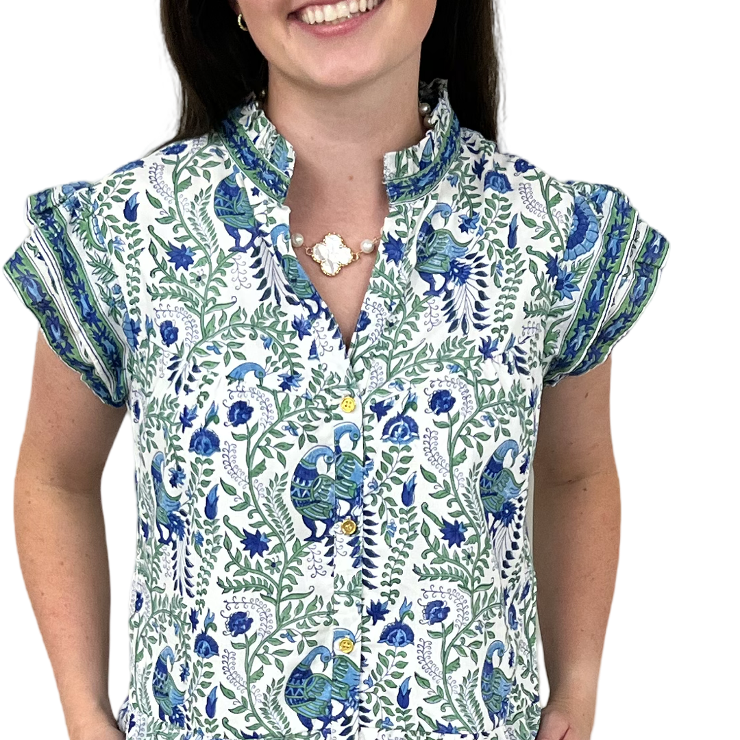 The Lacey Geen and Blue Border Print Cotton Dress — view 3