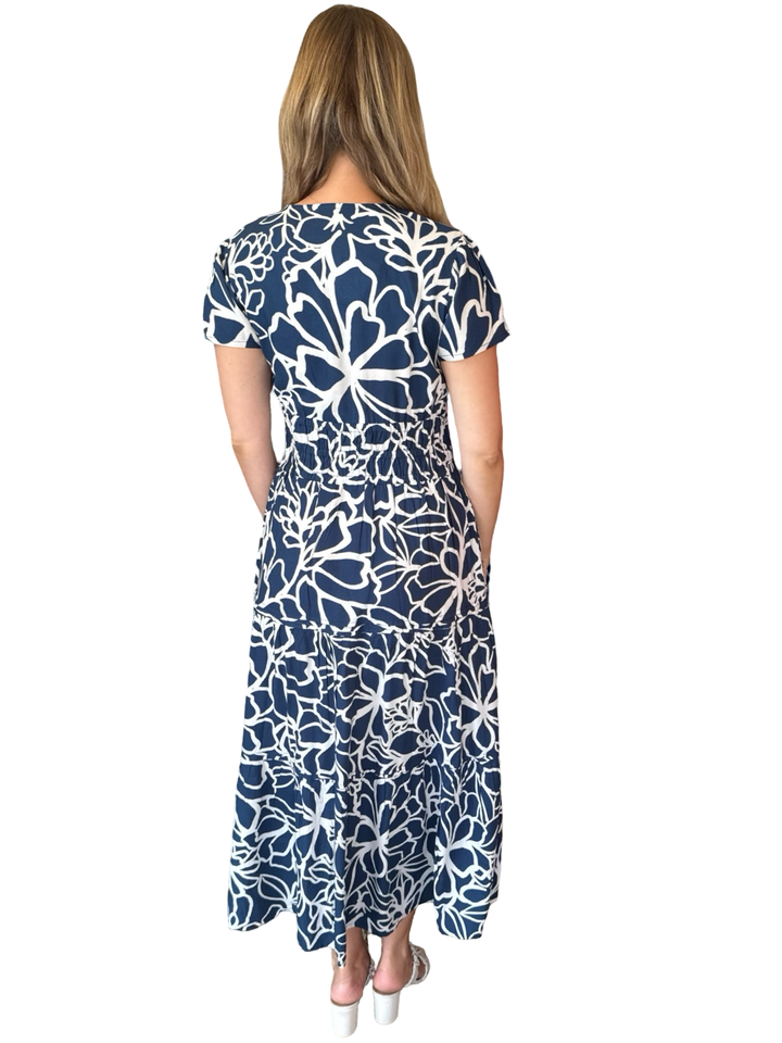The Sydney Short Sleeve Cinch Waist Dress in Navy White Abstact Floral — view 5