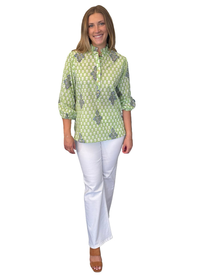 The Tricia Cotton Top in Light Green Hand Block Printed Cotton