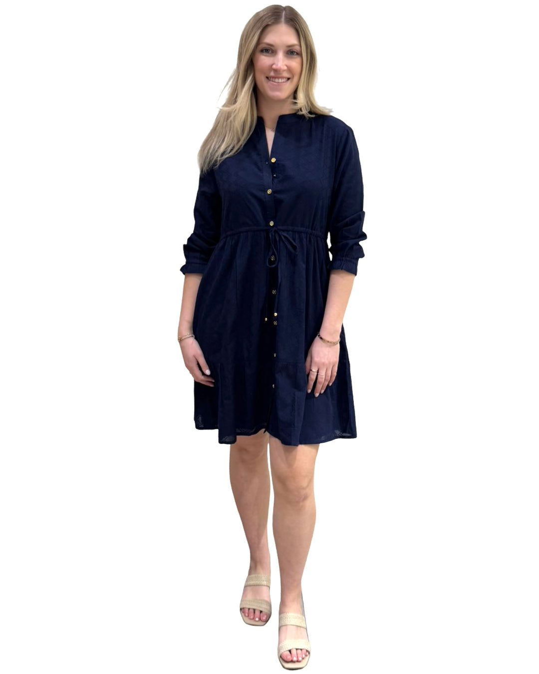 The Hamilton Solid Navy Diamond Jacquard Cotton Tie Front Dress