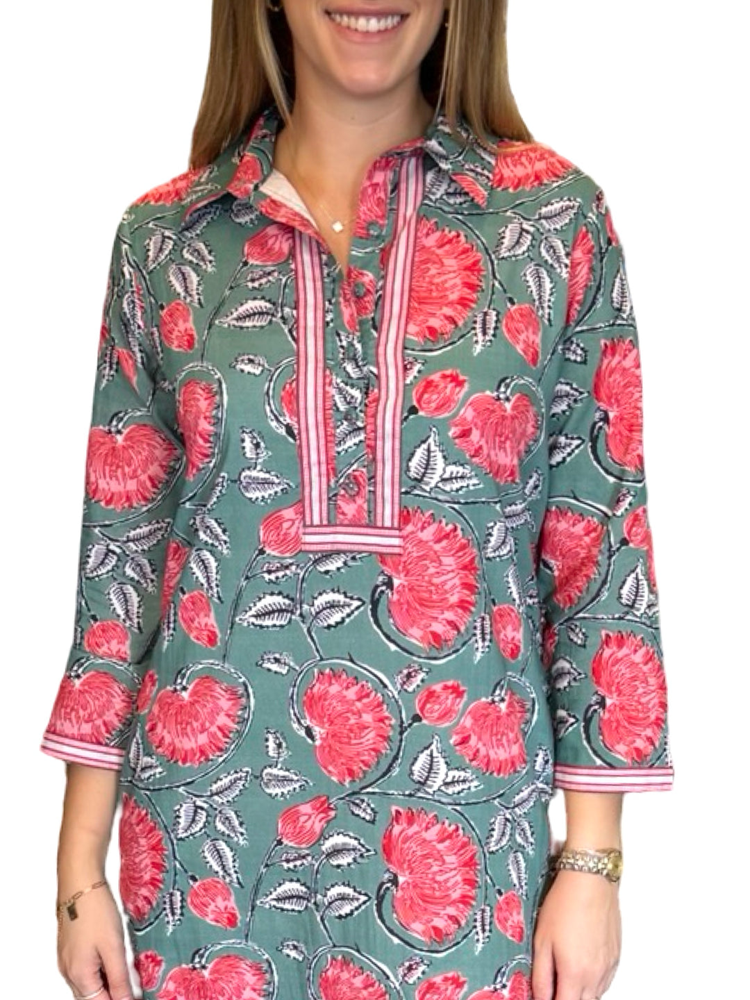 The Annika Cotton Button Front Dress in Green and Red Crimson Hand Block Printed Floral