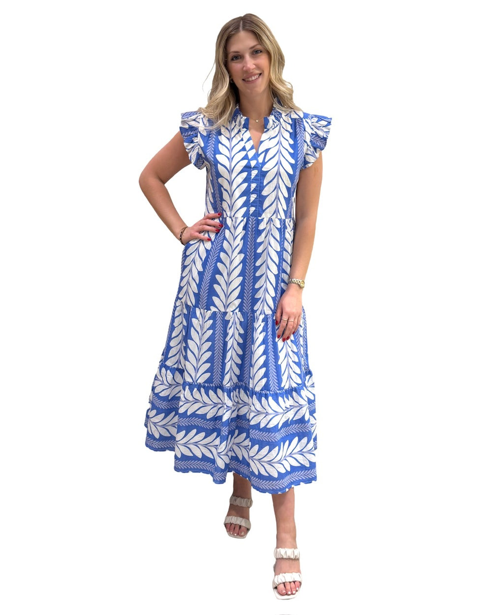 The Campbell Flutter Sleeve Dress in Blue Fern Stripe — view 2