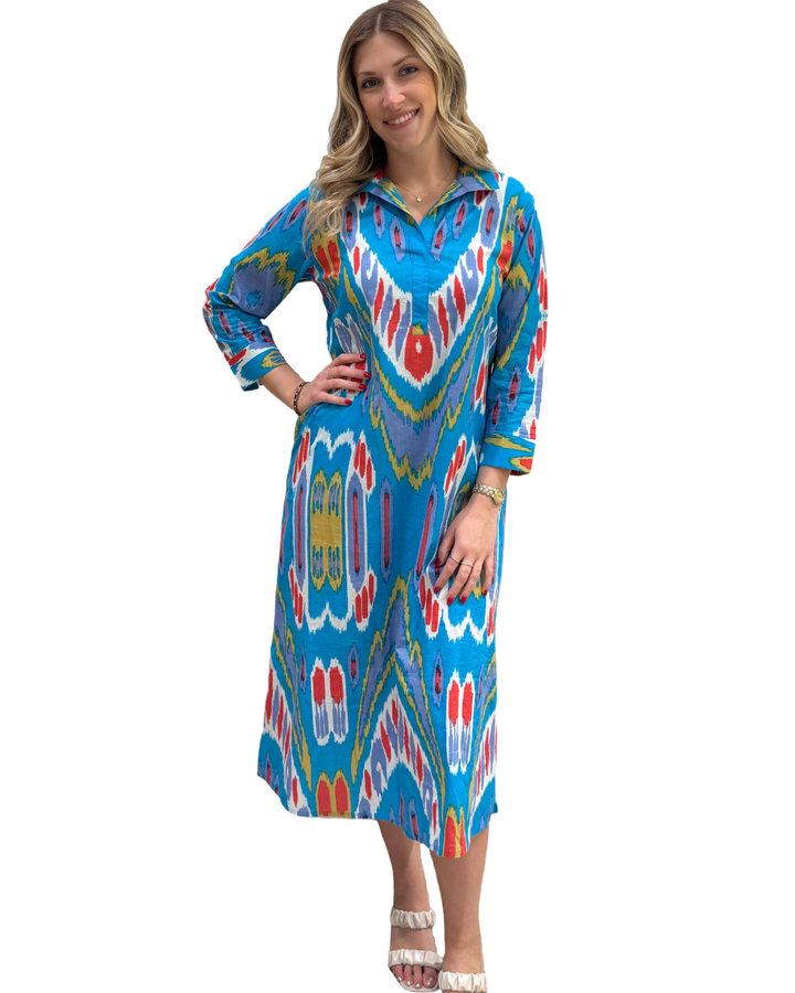The Lisette Cotton Dress in Turquoise Red Ikat — view 2