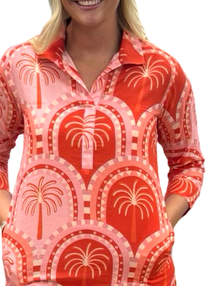 The Lisette Pink and Coral Palm Print Cotton Dress