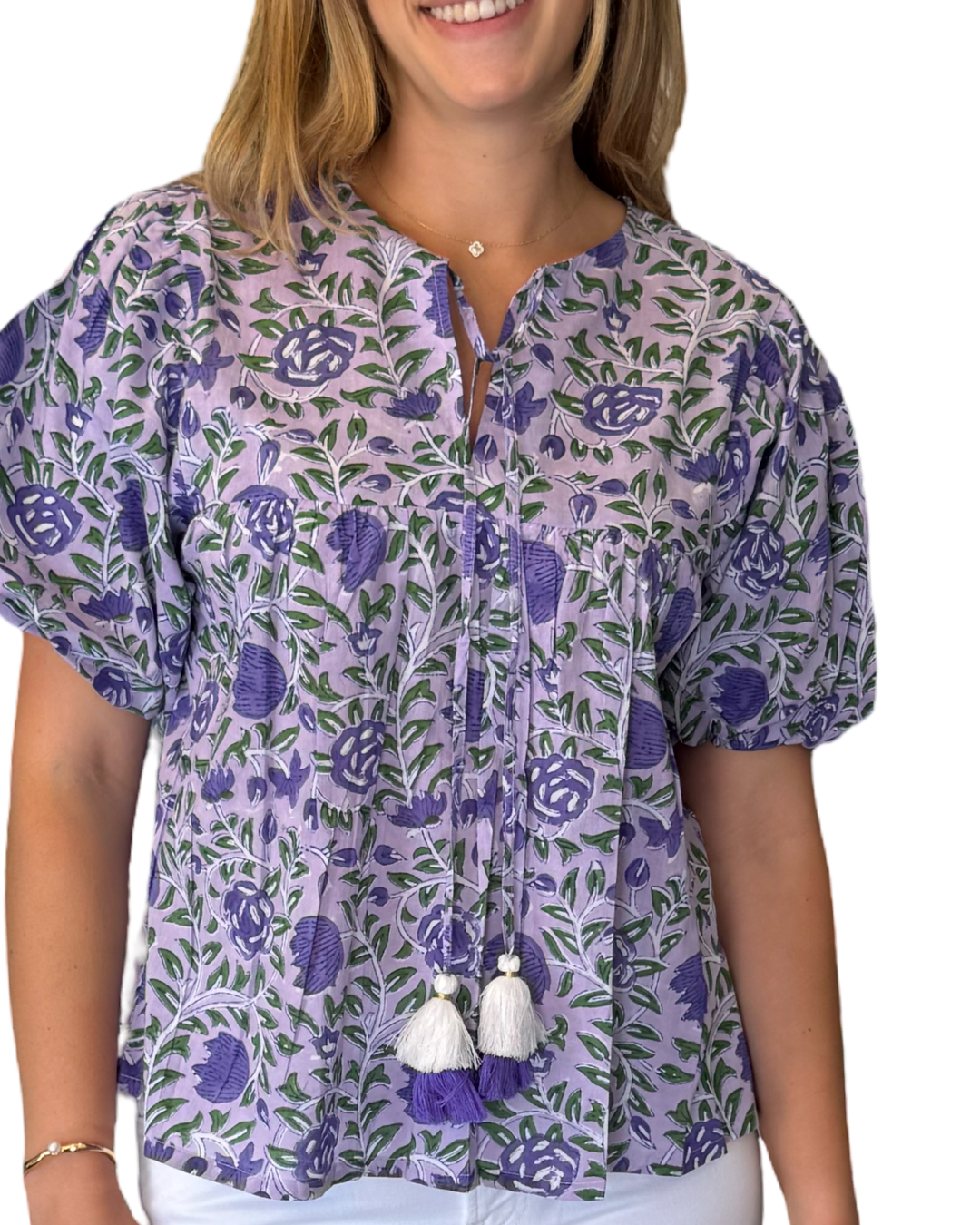 The Poppy Puff Sleeve Top in Purple Floral Hand Block Printed Cotton — view 8
