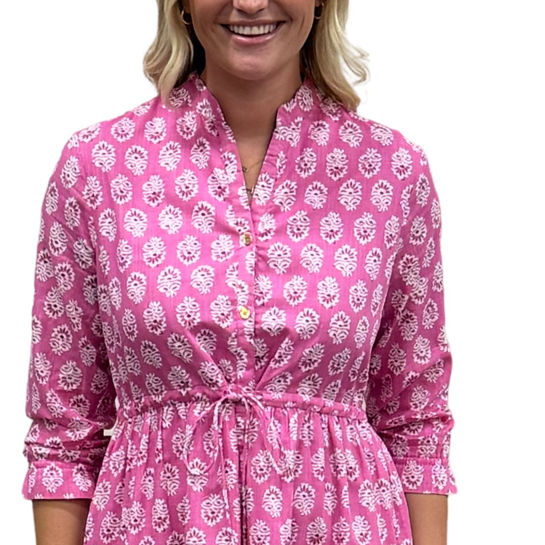 The Hamilton Tie Waist Dress in Pink Block Print Floral — view 6