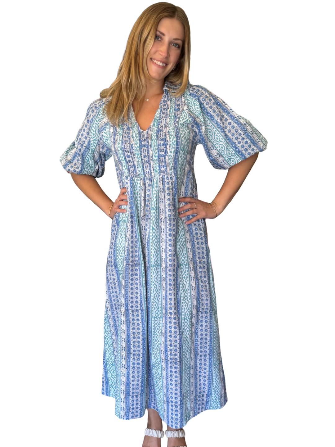 The Joanie Smocked Dress in Multi Green Blue