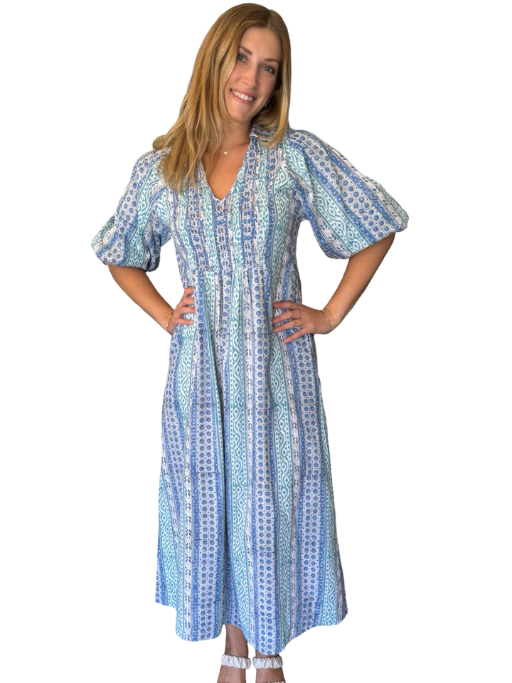 The Joanie Smocked Dress in Multi Green Blue