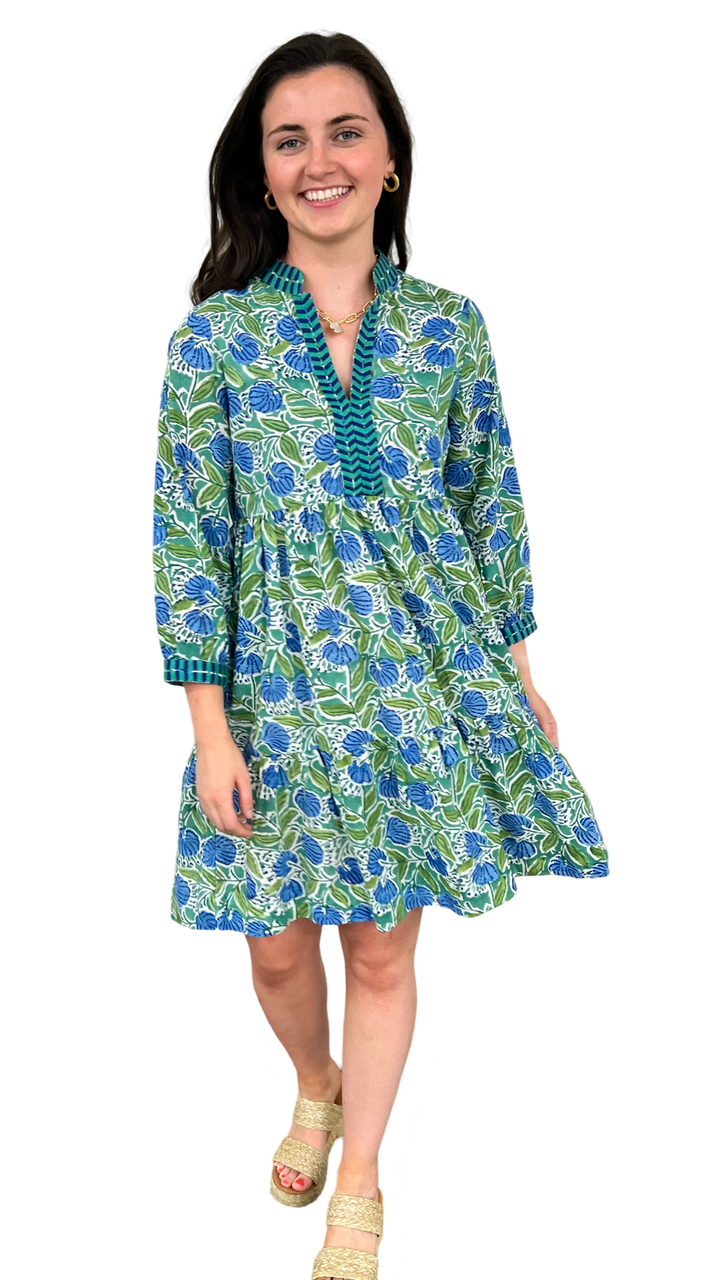 The Naomi Hand Block Printed Embroidered Trim Floral Dress in Green and Blue — view 2