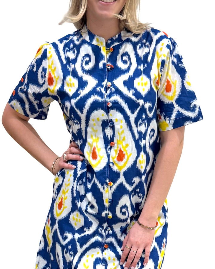 The Tabitha Button Front Short Sleeve Dress in Blue Yellow Cotton Ikat Print — view 4