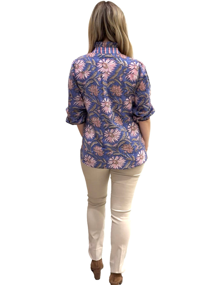 The Tricia Ruffle Trim Hand Block Printed Top in Purple Floral — view 5