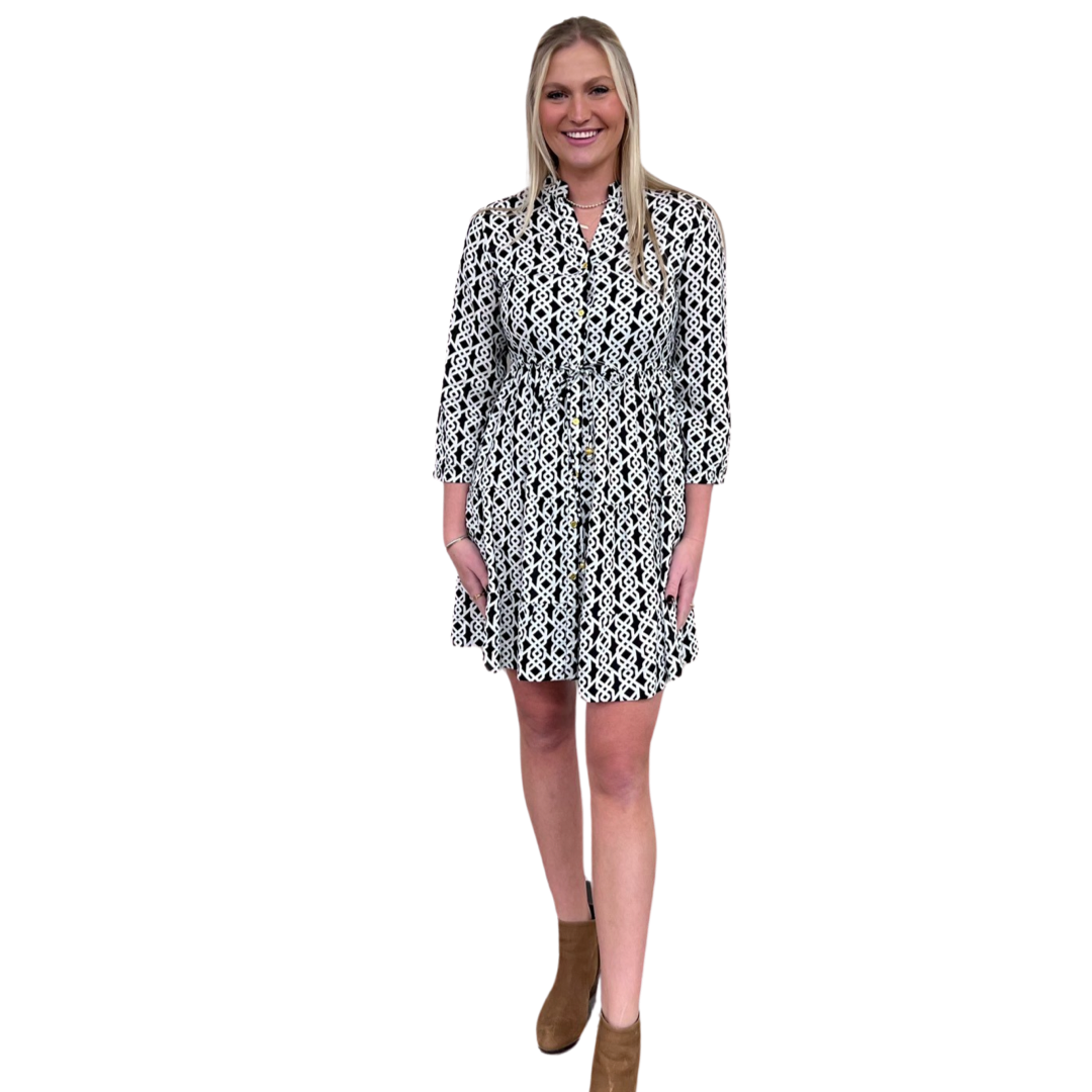 The Hamilton Tie Front Monochromatic Print Dress in Black and White — view 3