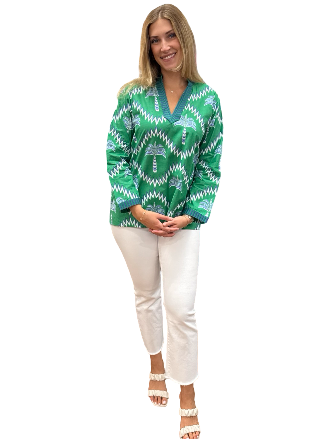 The Winslow Embroidered Trim Tunic in Green Navy Palm Print — view 7