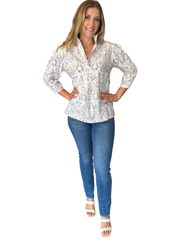 The Shipley Stand-Up Collar Top in Off White Blue and Brown Cotton Print — view 4