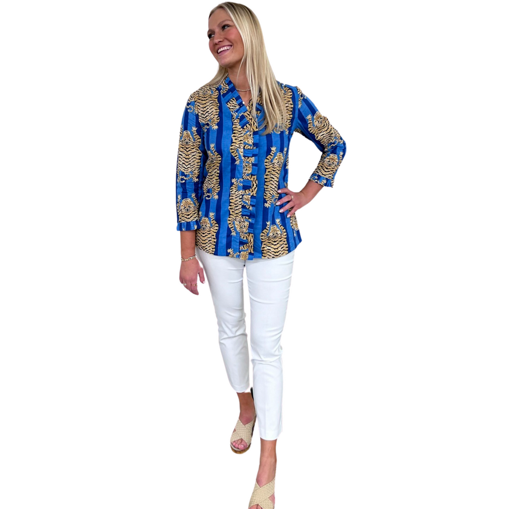 The Bessie Ruffle Front Top in Blue Tiger Stripe — view 2