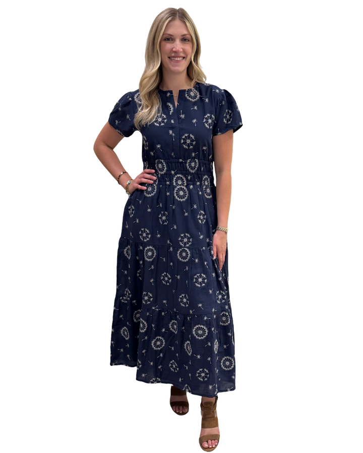 The Sydney Long Cinch Waist Dress in Blue White Embroidered Floral — view 5