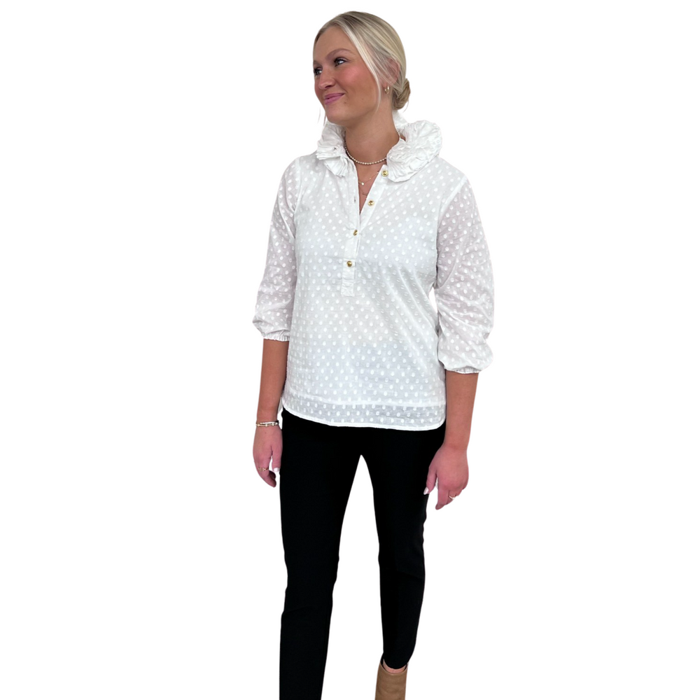 The Maria Ruffle Neck Top in White on White Dot — view 2