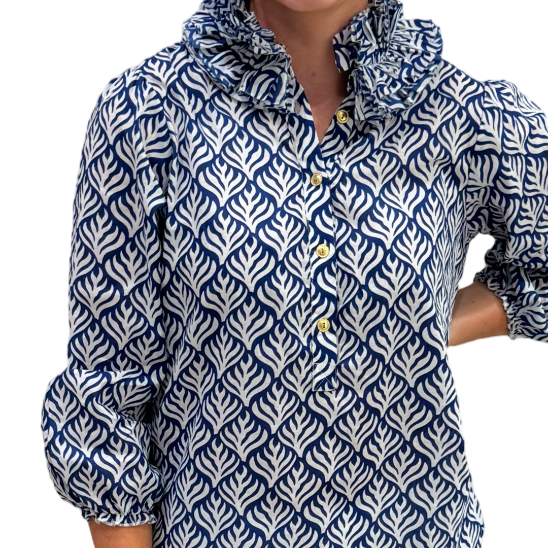 The Maria Ruffle Neck Blouse in Blue and White — view 7