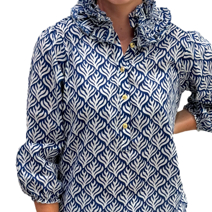 The Maria Ruffle Neck Blouse in Blue and White — view 7