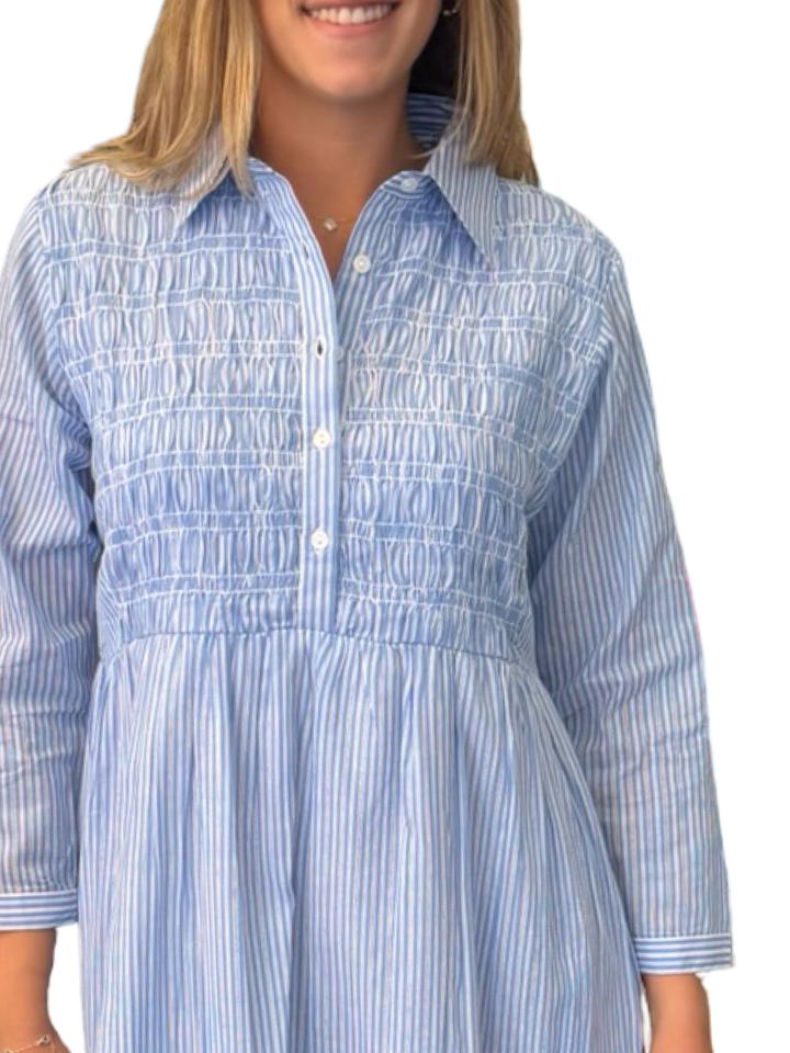 The Tasha Smocked Front Dress in Blue White Stripe
