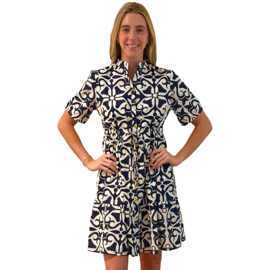 The Hamilton Navy White Short Sleeve Cotton Tie Front Dress — view 6