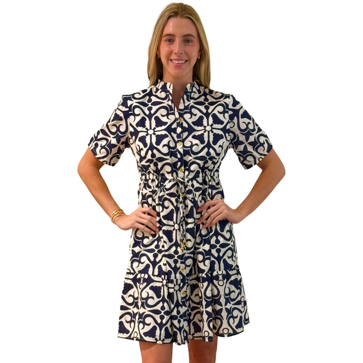 The Hamilton Navy White Short Sleeve Cotton Tie Front Dress — view 6