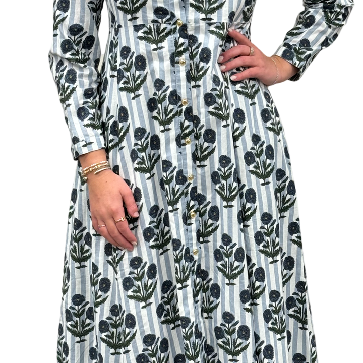 The Marion Cotton Hand Block Button Front Dress in Striped Slate Blue Floral — view 4