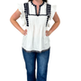 The Huntley White Flutter Sleeve Top with Navy Crochet Trim