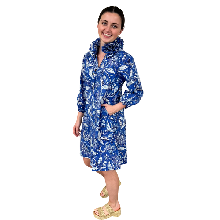 The Maria Ruffle Collar Navy Floral Cotton Hand-Block Printed Dress — view 4