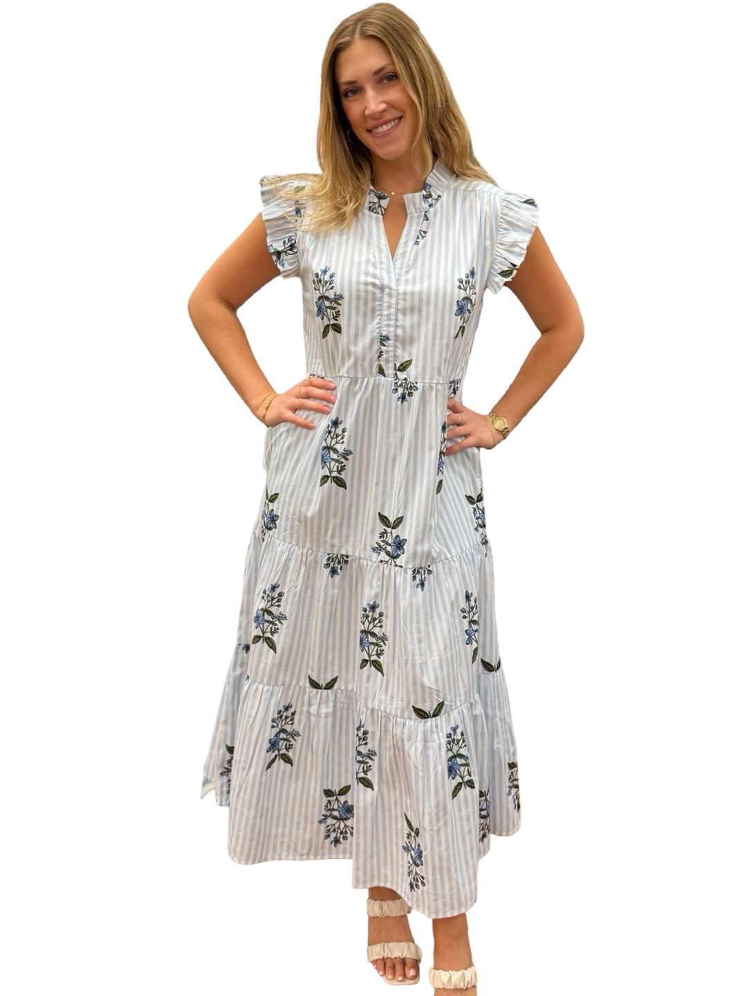 The Campbell Cotton Flutter Sleeve Dress in Light Blue Striped Floral