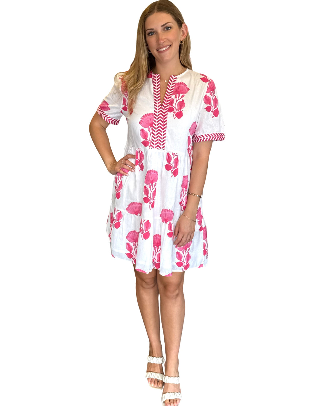 The Daniella Short Sleeve Embroidered Trim Dress in Pink White Lotus Floral