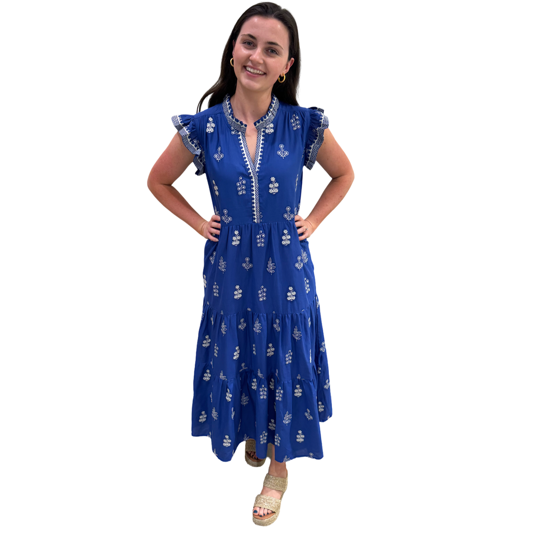 The Campbell Embroidered Dress in Royal and White — view 3
