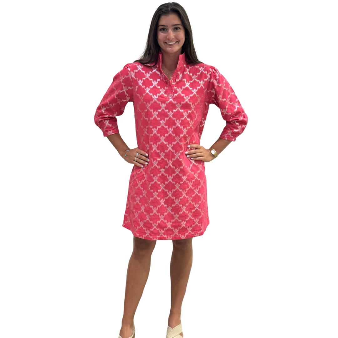The Shipley Stand-Up Collar Dress in Hot Pink and Silver — view 5