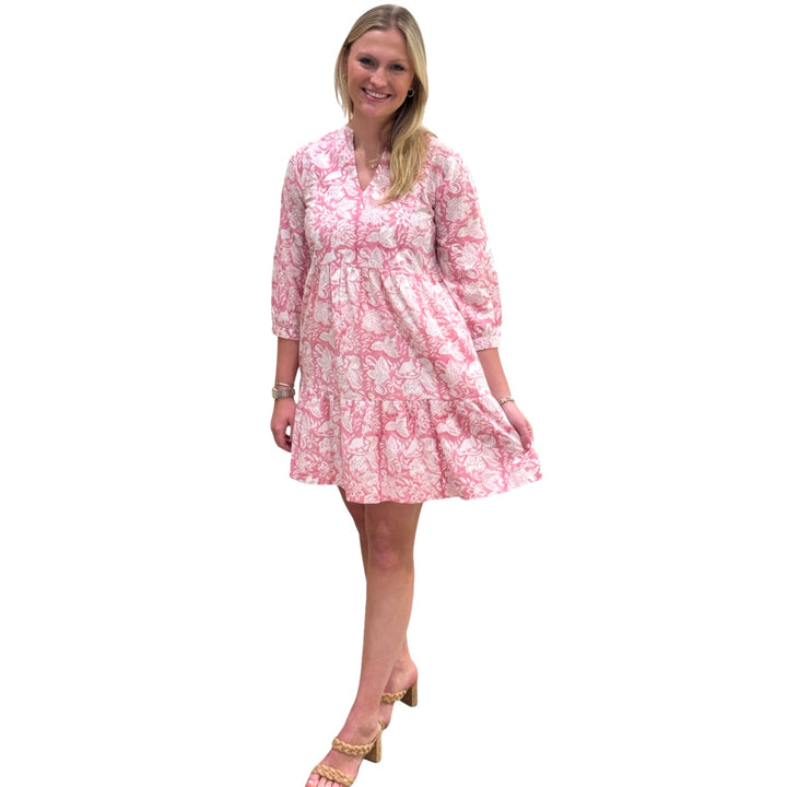The Preston 3/4 Length Sleeve Dress in Pink and White Hand Blocked Cotton — view 3