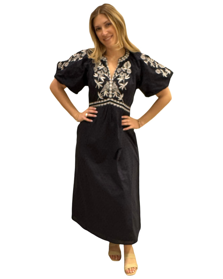 The Gabby Long Embroidered Dress in Navy White — view 4
