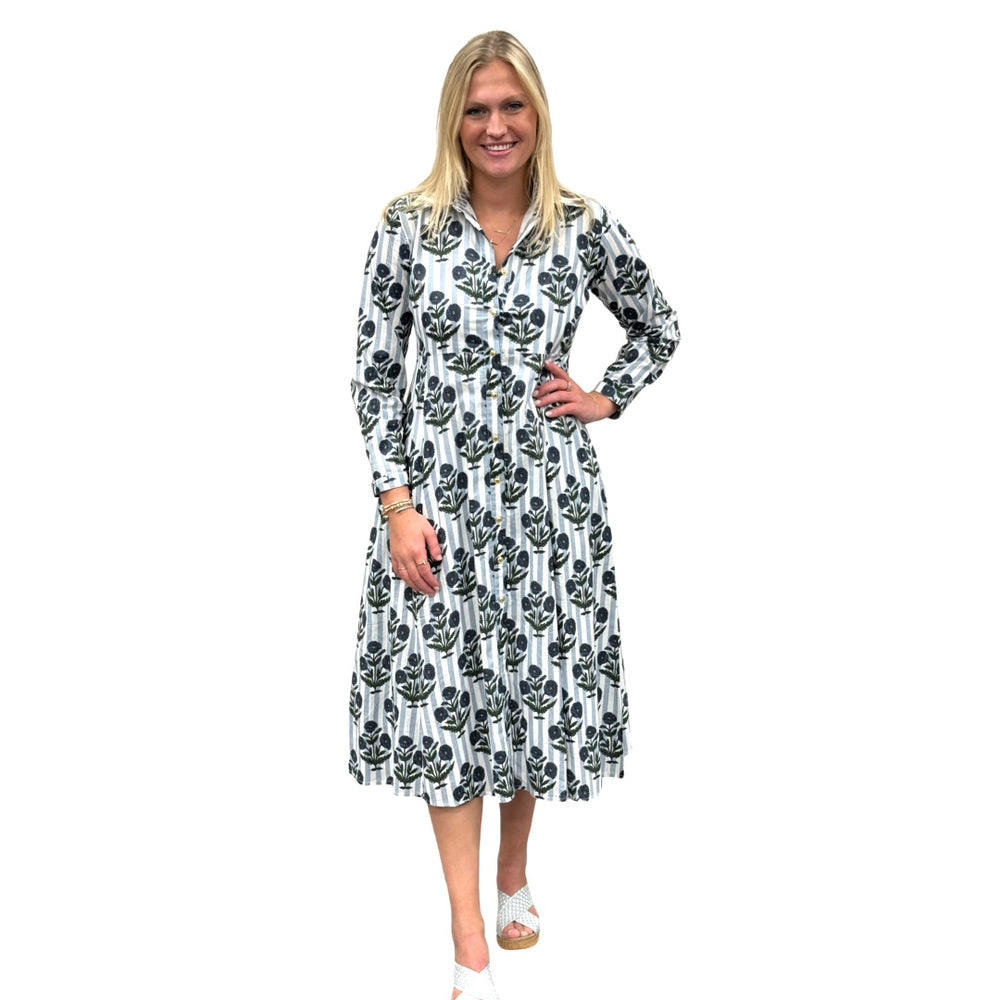 The Marion Cotton Hand Block Button Front Dress in Striped Slate Blue Floral — view 2