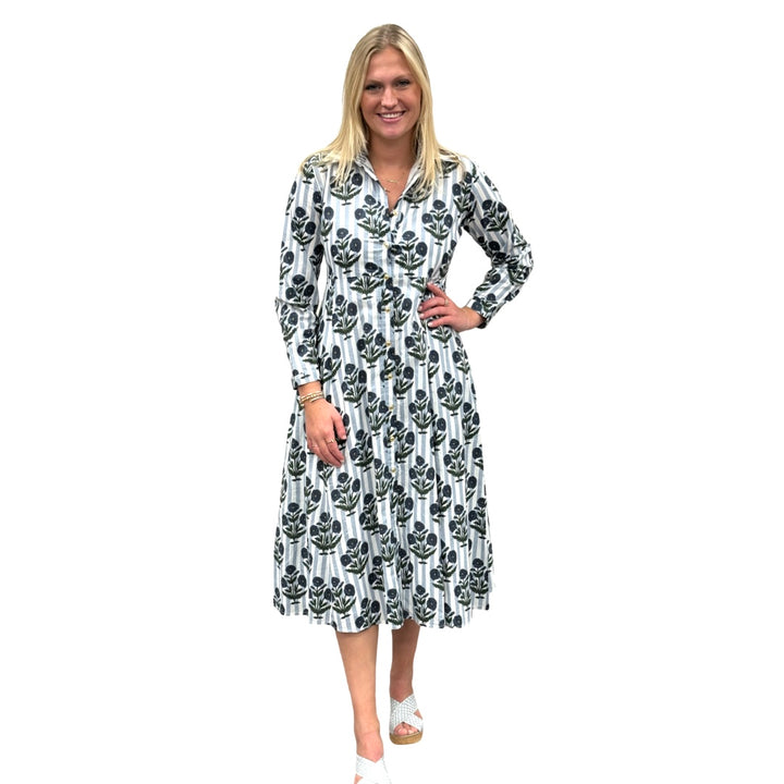 The Marion Cotton Hand Block Button Front Dress in Striped Slate Blue Floral — view 2