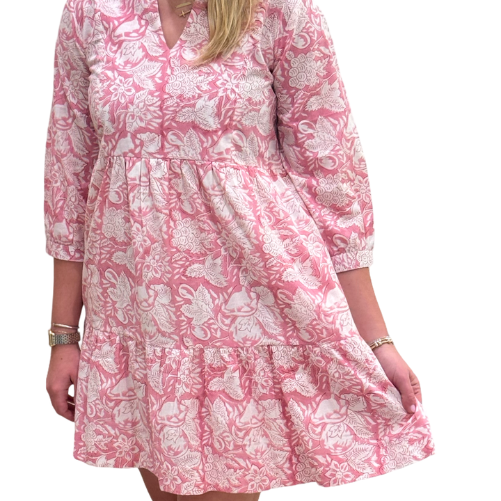 The Preston 3/4 Length Sleeve Dress in Pink and White Hand Blocked Cotton — view 5