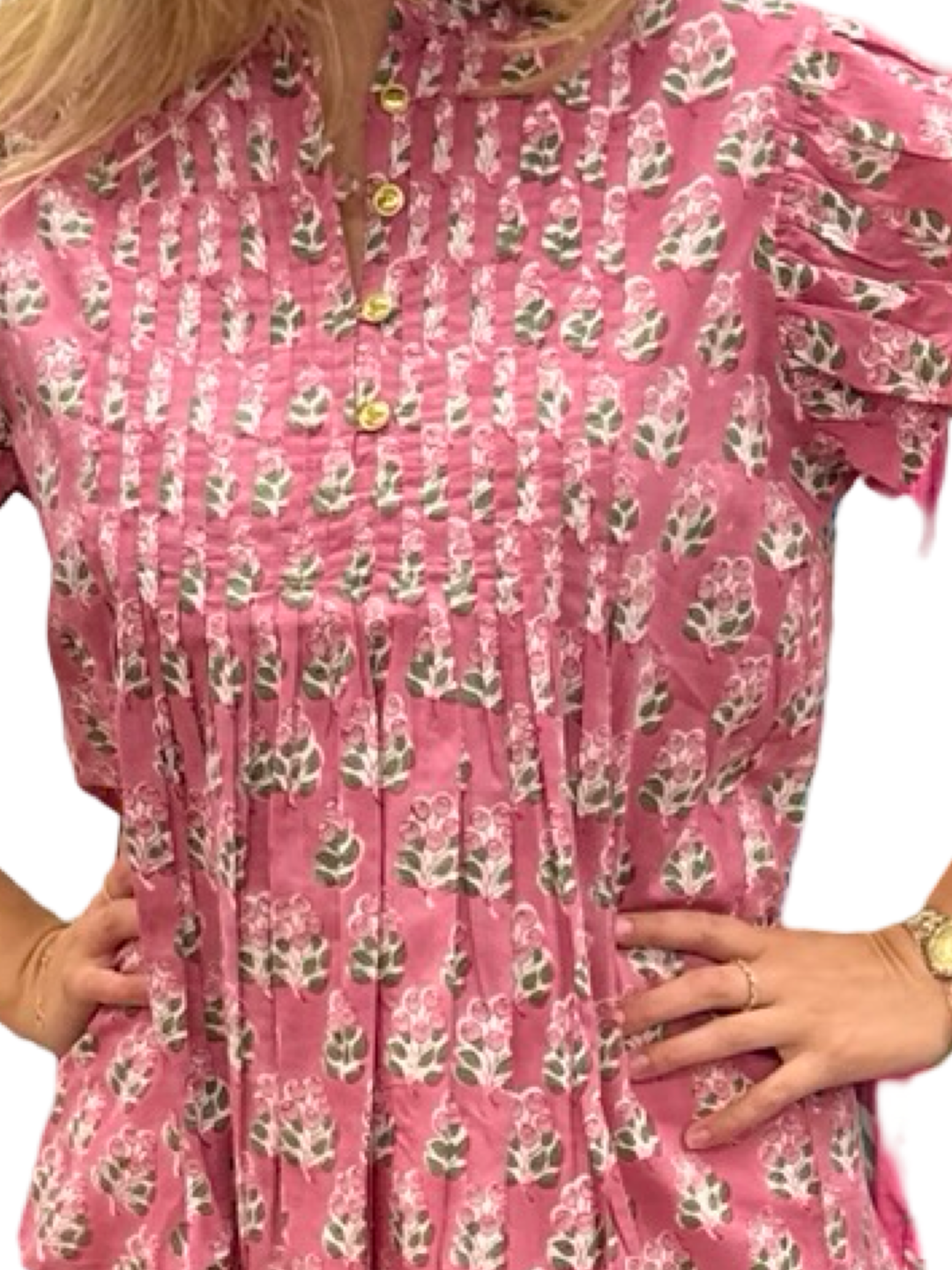 The Ava Pintuck Cotton Top in Rase Pink Hand Block Printed Floral — view 2