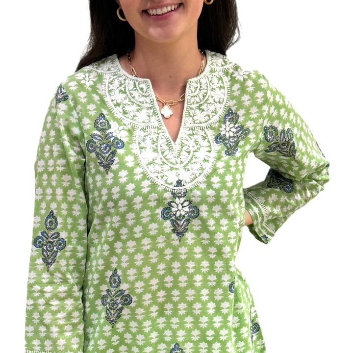 The Key Largo Embroidered Tunic in Light Green Hand Blocked Cotton — view 4