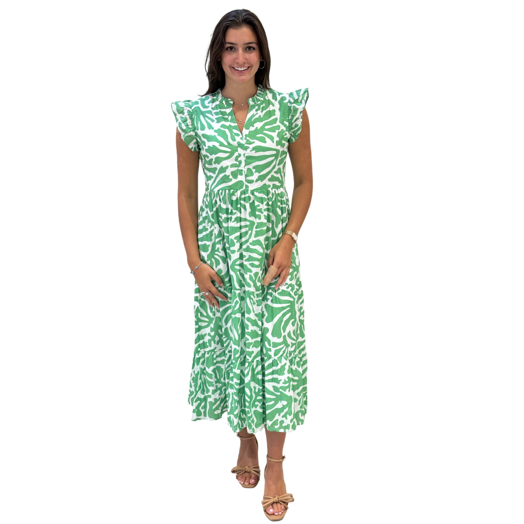 The Campbell Long Flutter Sleeve Dress in Vibrant Green and White — view 2