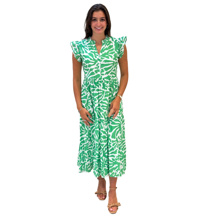 The Campbell Long Flutter Sleeve Dress in Vibrant Green and White — view 2